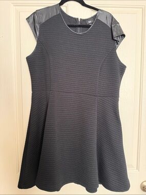Massimo Black Textured Fit & Flare Midi Dress with Faux Leather Cap Sleeves